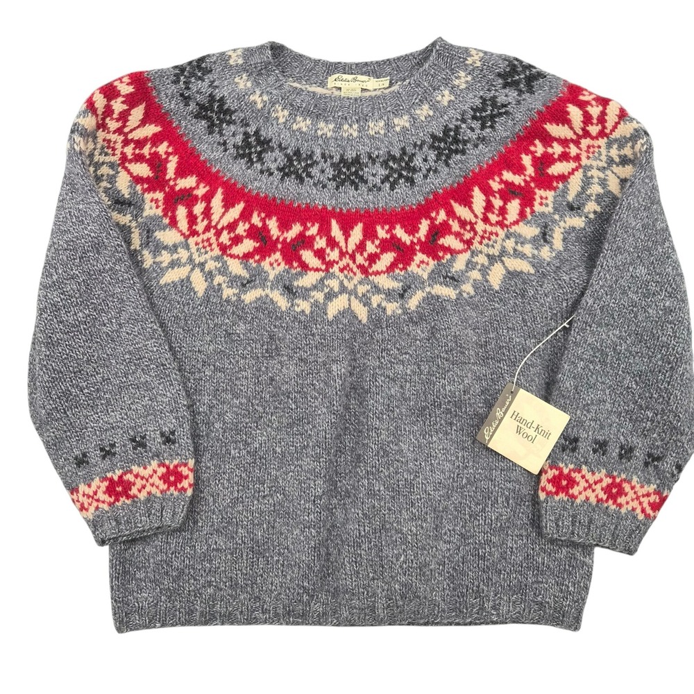 Eddie Bauer Hand Knit Wool Fair Isle Sweater Womens Large Blue Gray Red NWT